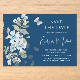 Invitations En Acrylique Mariage floral romantique bleu Dusty