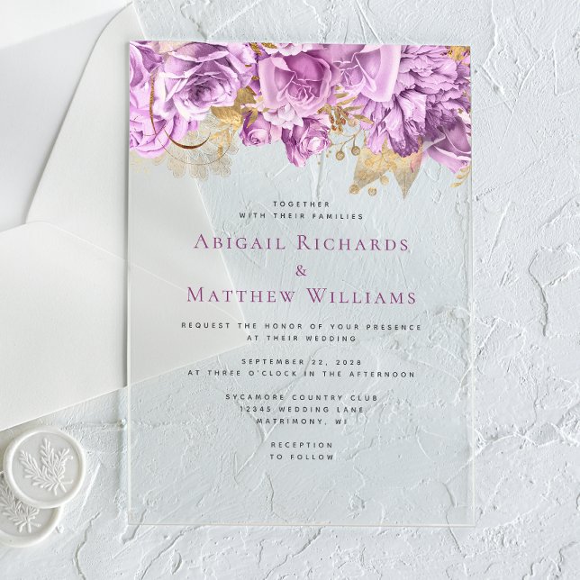 Invitations En Acrylique Mariage floral romantique Lilac Gold (Créateur téléchargé)
