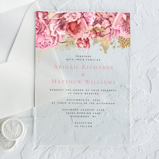 Invitations En Acrylique Mariage floral romantique rose or (Créateur téléchargé)