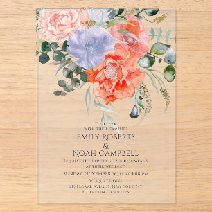 Invitations En Acrylique Mariage floral rose et bleu clair