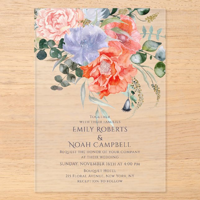 Invitations En Acrylique Mariage floral rose et bleu clair (Recto)