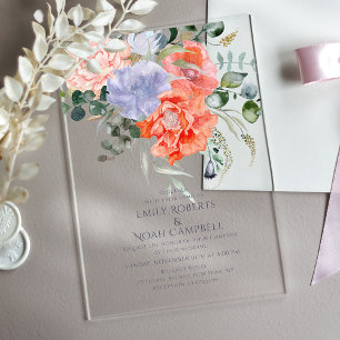 Invitations En Acrylique Mariage floral rose et bleu clair