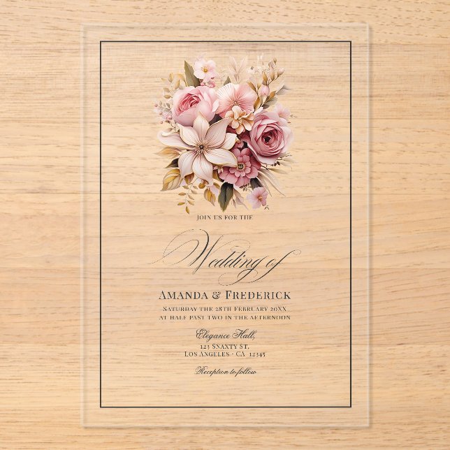 Invitations En Acrylique Mariage floral rose et or transparent (Recto)