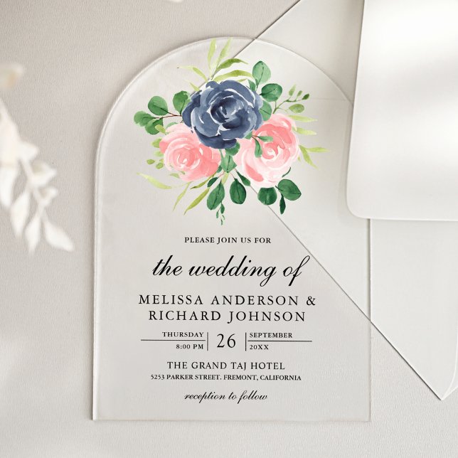 Invitations En Acrylique Mariage Floral Rose Pâle Bleu Marine (Créateur téléchargé)