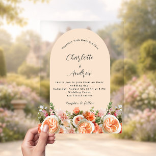 Invitations En Acrylique Mariage floral rose pêche orange transparent arqué