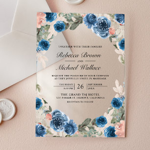 Invitations En Acrylique Mariage Floral Rose Saumon Bleu Marine