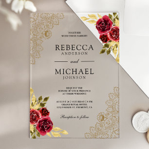 Invitations En Acrylique Mariage Floral Rouge Marron Doré en Dentelle