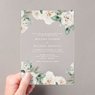 Invitations En Acrylique Mariage floral rustique blanc aquarelle