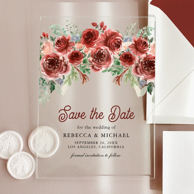 Invitations En Acrylique Mariage floral rustique Marsala Enregistrer la dat (Créateur téléchargé)