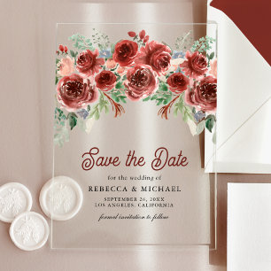 Invitations En Acrylique Mariage Floral Rustique Marsala Enregistrez la Dat