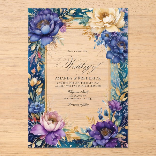 Invitations En Acrylique Mariage Floral Turquoise, violet et or transparent (Recto)