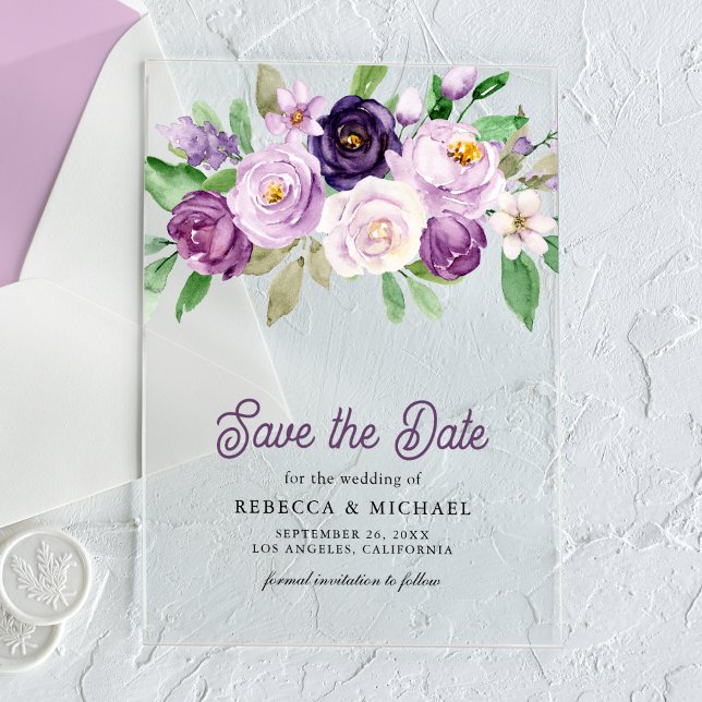 Invitations En Acrylique Mariage floral violet rustique Enregistrer la date (Créateur téléchargé)