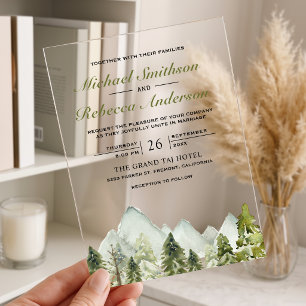 Invitations En Acrylique Mariage forêt de pins de montagne à l'aquarelle
