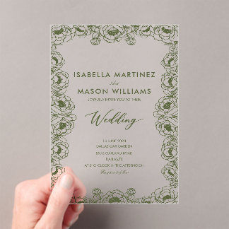 Invitations En Acrylique mariage formel de jardin floral vert olive