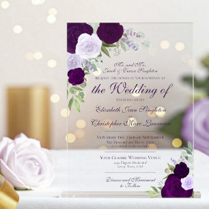 Invitations En Acrylique Mariage Formel Élégant Fleurs Aquarelle Violette
