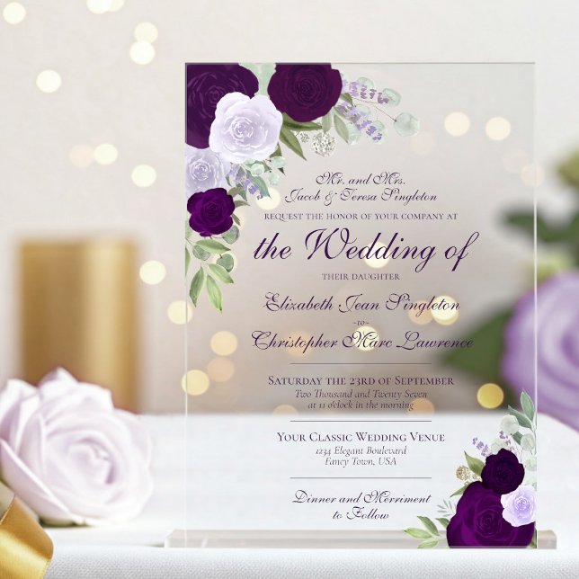 Invitations En Acrylique Mariage Formel Élégant Fleurs Aquarelle Violette (Clear acrylic with rectangle cut)