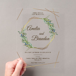 Invitations En Acrylique Mariage géométrique doré aux baies de verdure de l