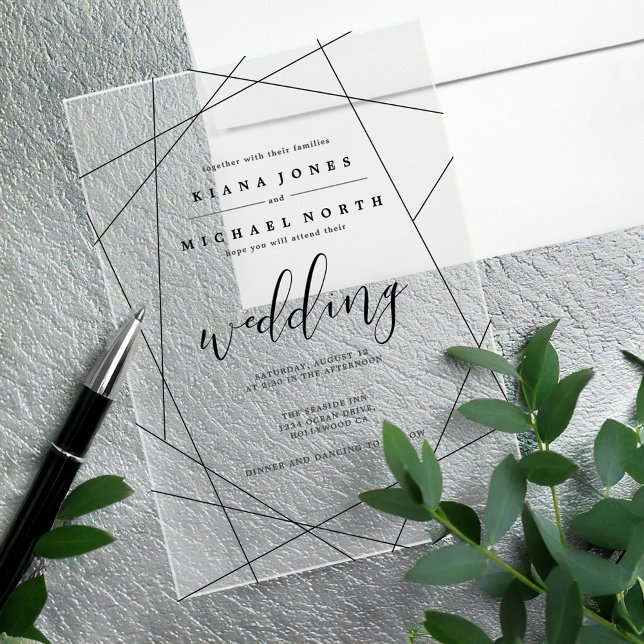 Invitations En Acrylique Mariage géométrique métallique Argent/Noir ID648 (Créateur téléchargé)