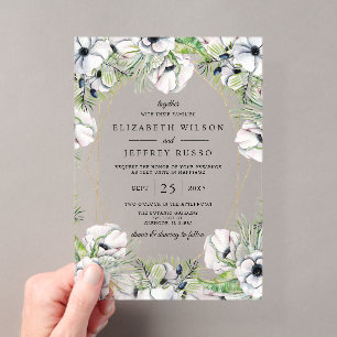 Invitations En Acrylique Mariage Géométrique Or Anémone Blanc Argenté
