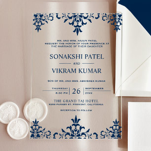Invitations En Acrylique Mariage indien en damas bleu ethnique