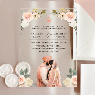 Invitations En Acrylique Mariage indien Sikh Anand Karaj aux fleurs de pêch