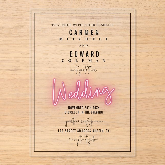 Invitations En Acrylique Mariage inspiré par la signature Neon (Recto)