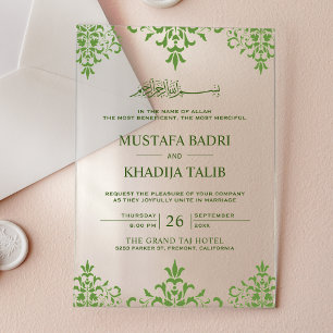 Invitations En Acrylique Mariage Islamique élégant à motif damassé Vert