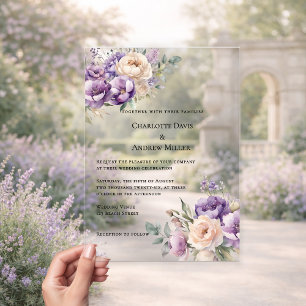 Invitations En Acrylique Mariage luxe floral crème champagne lavande