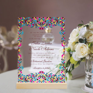 Invitations En Acrylique Mariage Mandala Floral Fantaisiste Bleu Magenta