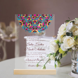Invitations En Acrylique Mariage Mandala Floral Fantaisiste Bleu Magenta
