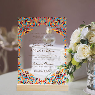 Invitations En Acrylique Mariage mandala floral fantaisiste orange sarcelle