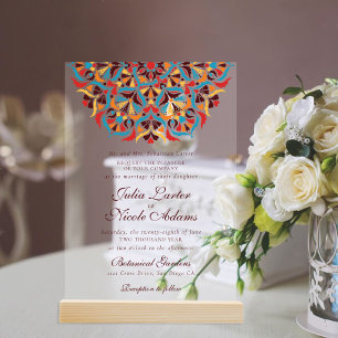 Invitations En Acrylique Mariage Mandala Floral Fantaisiste Orange Turquois