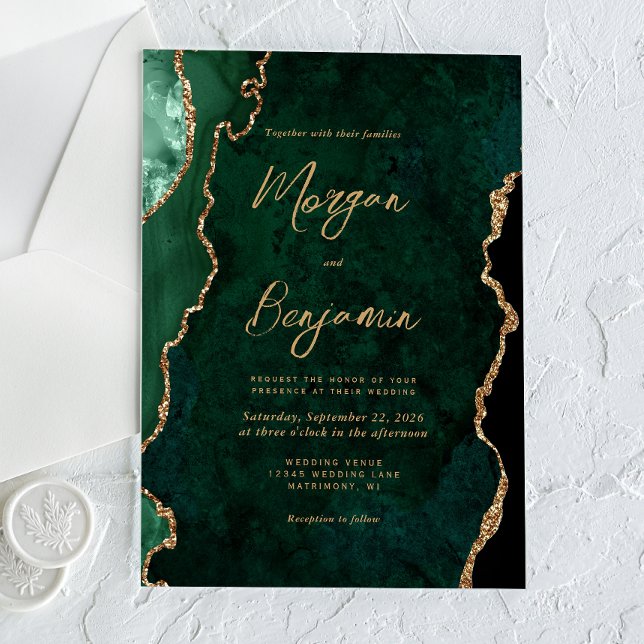 Invitations En Acrylique Mariage Moderne à l'encre émeraude verte Agate (Créateur téléchargé)