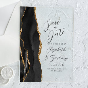 Invitations En Acrylique Mariage Moderne à l'Encres Agate Noire et Or