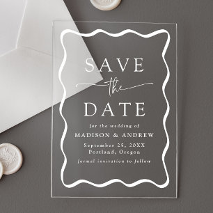 Invitations En Acrylique Mariage moderne blanc Wavy Frame Enregistrer la da