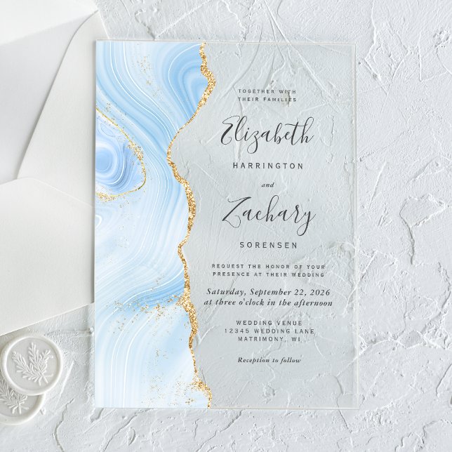 Invitations En Acrylique Mariage moderne Bleu Bleu Or Agate (Créateur téléchargé)