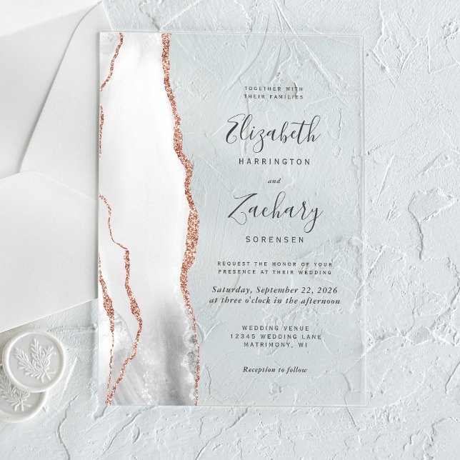 Invitations En Acrylique Mariage moderne gris blanc rose or âge (Créateur téléchargé)