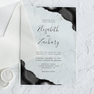 Invitations En Acrylique Mariage Moderne Noir Argent Agate Coins