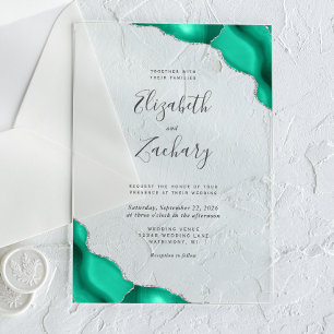 Invitations En Acrylique Mariage moderne Seafoam Green Silver Agate Corners