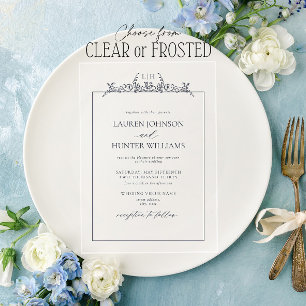 Invitations En Acrylique Mariage Monogramme à Bordure Florale Bleu Marine