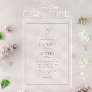 Invitations En Acrylique Mariage Monogramme Calligraphié Lavande Classique