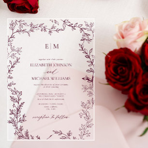 Invitations En Acrylique Mariage Monogramme Élégant à feuilles mini-bordeau