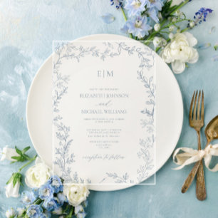 Invitations En Acrylique Mariage Monogramme Élégant bleu à feuilles minimal