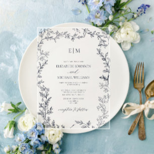 Invitations En Acrylique Mariage Monogramme Élégant bleu marine à feuilles 