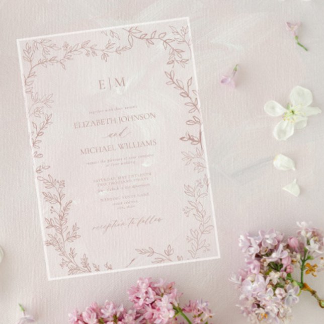 Invitations En Acrylique Mariage monogramme Élégant pour Rose à feuilles mi (Créateur téléchargé)