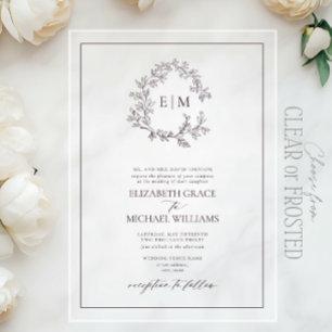 Invitations En Acrylique Mariage Monogramme Formel Crête Feuillue Pourpre P