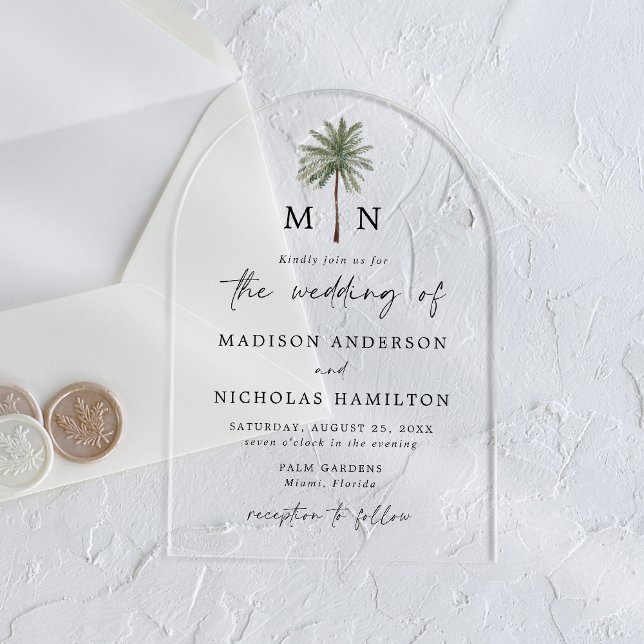 Invitations En Acrylique Mariage Monogramme minimal Palm Tree (Créateur téléchargé)