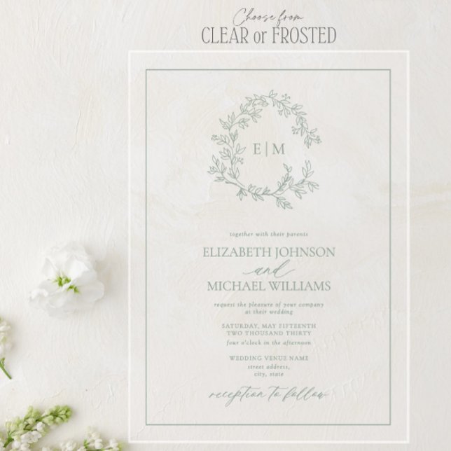 Invitations En Acrylique Mariage Monogramme vert Sage moderne (Créateur téléchargé)