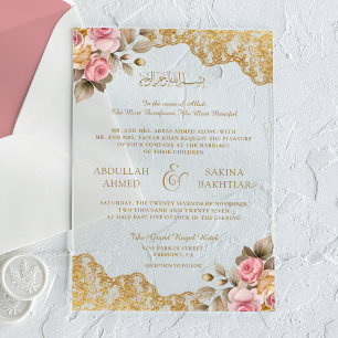 Invitations En Acrylique Mariage Musulman Broderie Dorée Fleur Rose