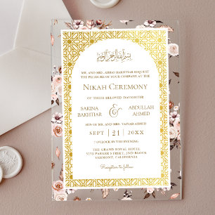 Invitations En Acrylique Mariage Musulman Motif Doré Floral Crème Terne